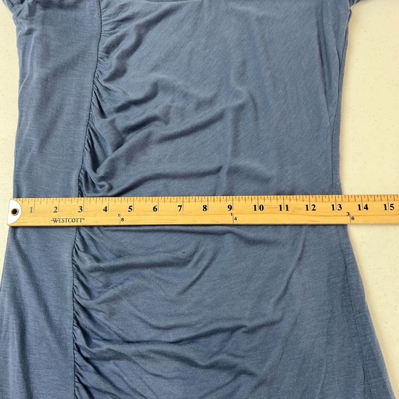 Halston Heritage Sheath Dress Sz 2 Blue Ruched 3/4 Sleeve Scoop Neck Silk Blend - Picture 9 of 13